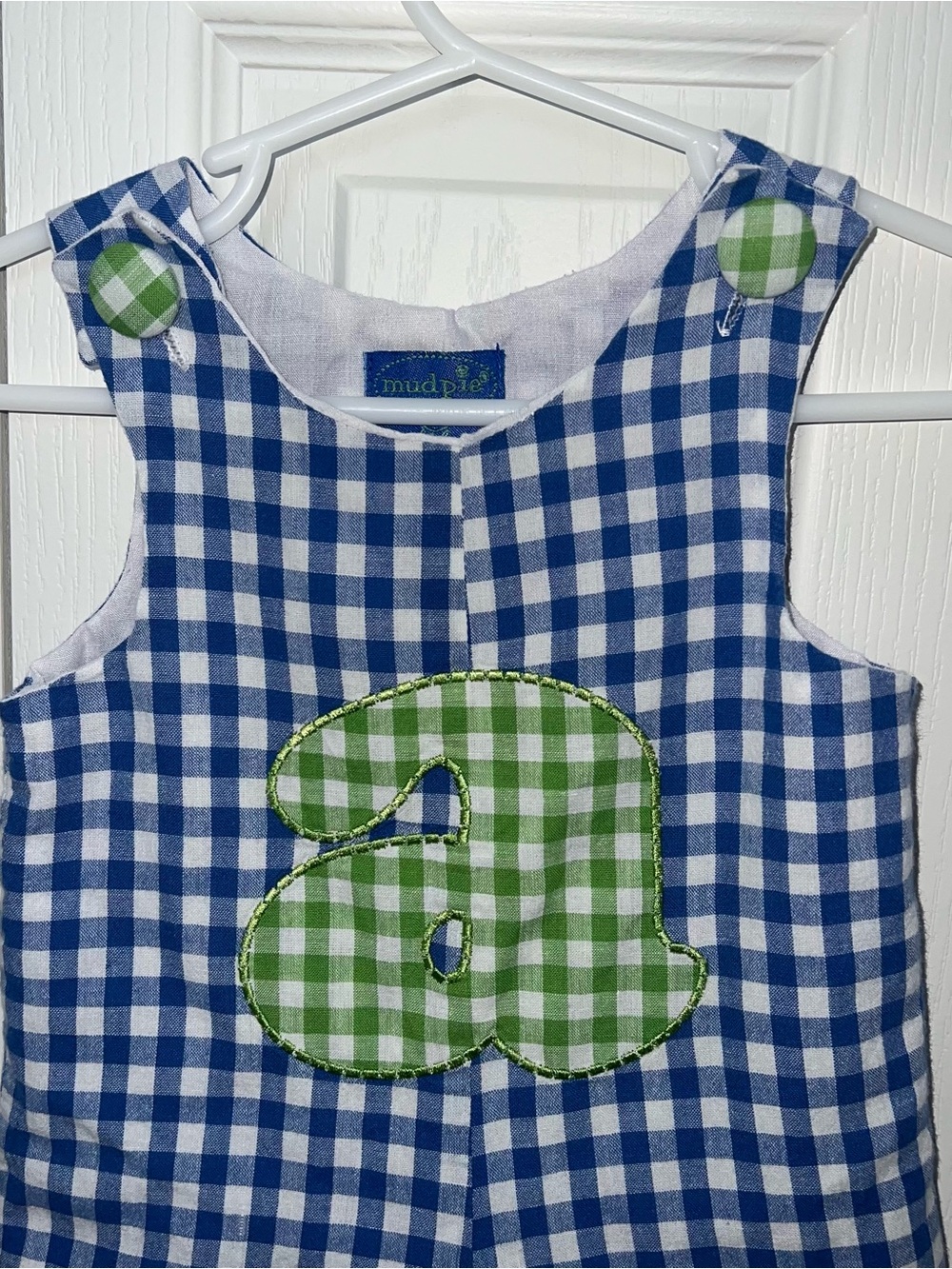 Vintage Mud Pie Blue Gingham Romper with Green Applique